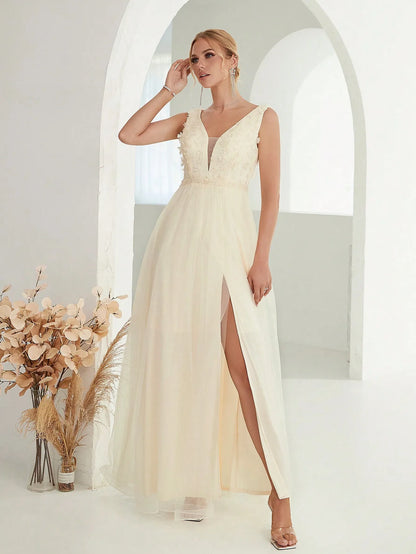 Mgiacy V-neck 3d sequin embroidered mesh slit skirt