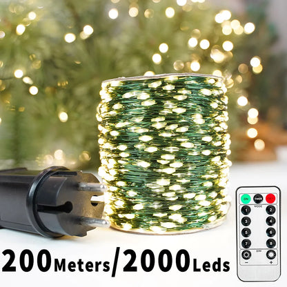 200M 2000 LEDs Christmas Waterproof With Remote String Lights Fairy Garland Outdoor Street Lights For Tree Bedroom Party Wedding