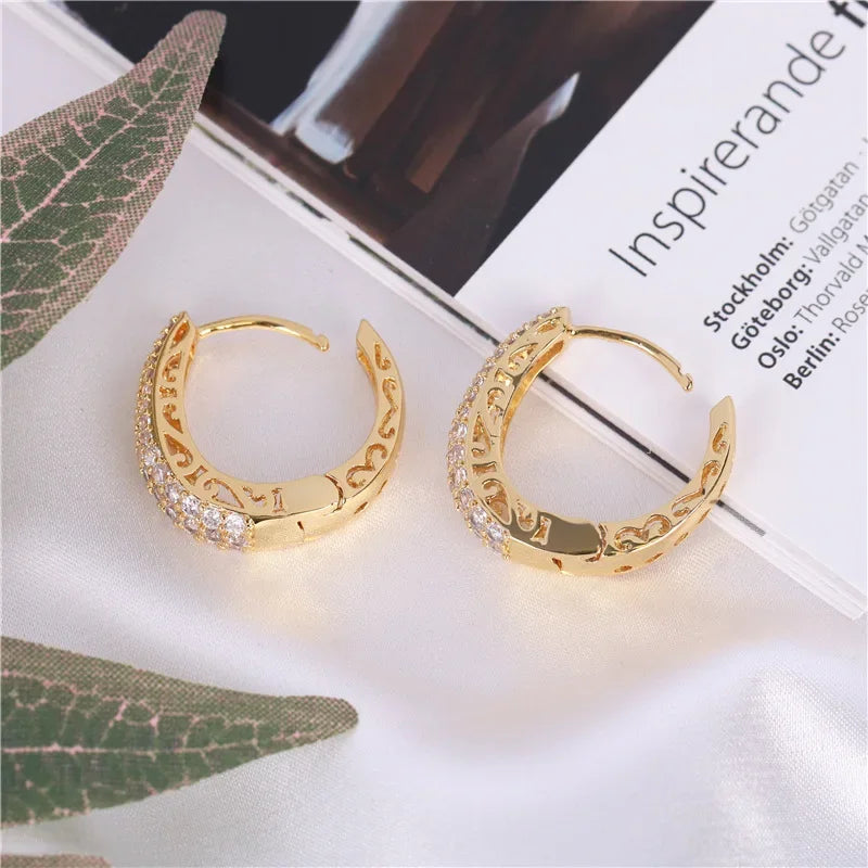 RAKOL Hollow Gold Color Hoop Earrings for Women Paved Dazzling CZ Stone Luxury Trendy Female Circle Earrings Statement Jewelry