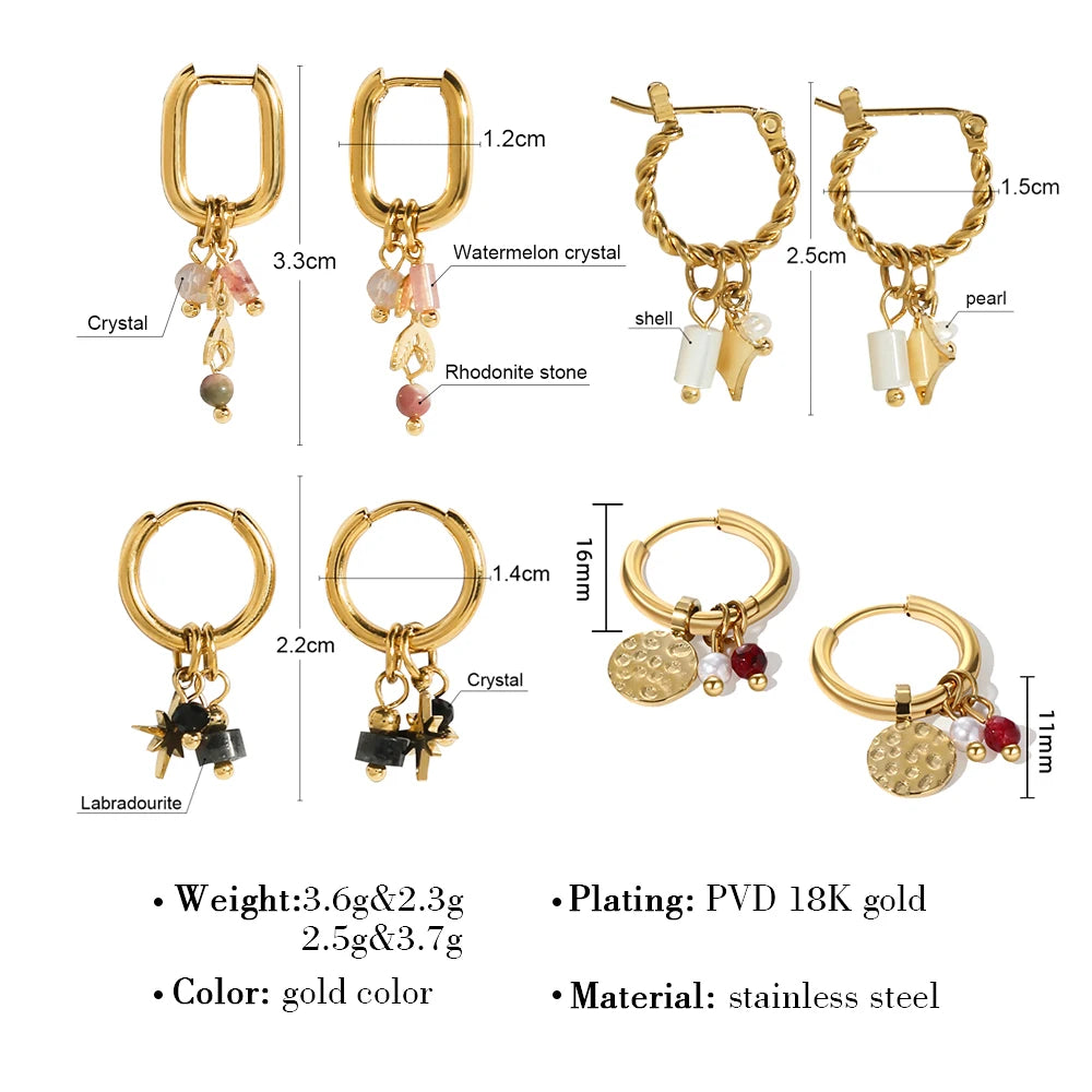 YACHAN 18K Gold Plated Stainless Steel Hoop Earrings for Women Natural Stone Pink Cute Charms Waterproof Jewelry