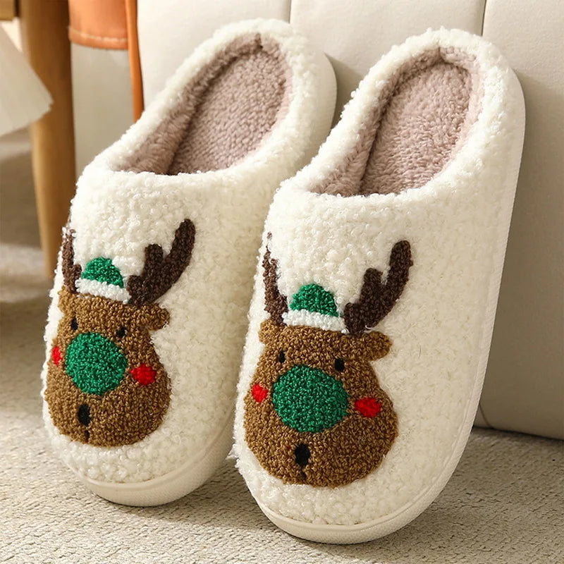 Christmas Elk Cotton Slippers For Women Men Winter Cute Cartoon Slippers Indoor Non Slip Couple Floor Slides Home Plush Shoes