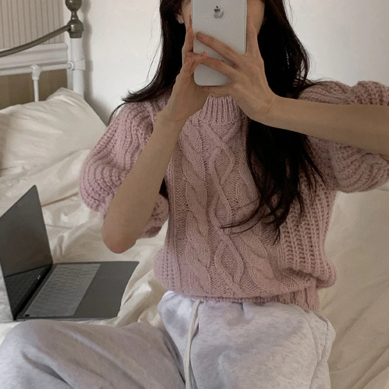 summer autumn Women's Knitted Pullover Fashion puff Sleeve solid Sweater crop Top Elegant loose Lapel Knitted Pullover gray Tops