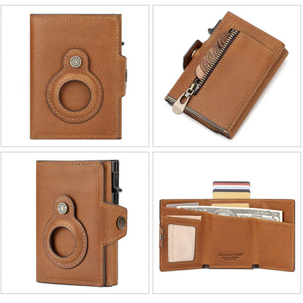Anti-scan Magnet Credit Card Holder Wallet Genuine Leather Automatic Pop Out Aluminum Smart Wallets Luxury AirTag Purse Set
