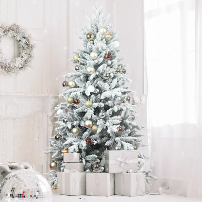 152/213cm Artificial Christmas Decoration Tree 694/1401 Branch Tips Flocked Xmas Tree Sturdy Metal Stand Auto-Spread/Close up