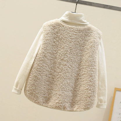 Sleeveless Solid Color Zipper Placket Two Pocket Plush Vest Autumn Winter Thickened Fleece Jacket Vest Women Waistcoat Outerwear