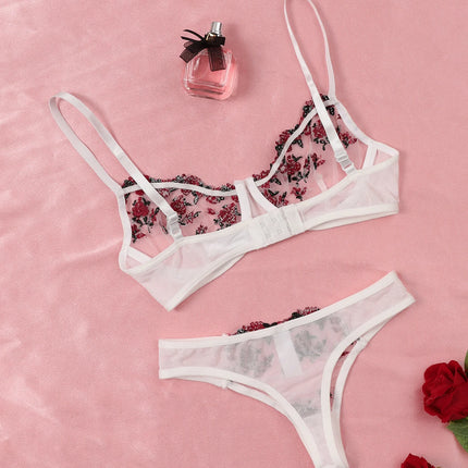Sexy Lace Lingerie Push Up Lingerie Semi-Sheer Bra And Panty Sets Women Gathering Chest Underwear Flower Embroidery Bralette Set