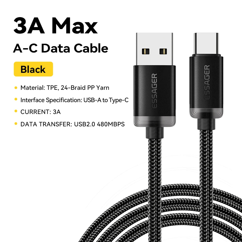 Essager 3A USB Type C Cable USB A To Type C Fast Charging Cables For iPone 15 Samsung Xiaomi Mobile Phone Data Charger Wire Cord