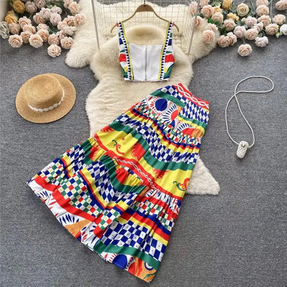 JAMERARY Summer Runway Blue And White Porcelain Two Piece Set Women Flower Print Short Crop Top + Holiday Beach Maxi Skirt Suits