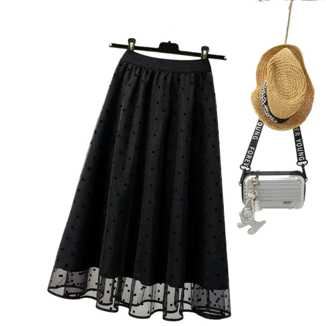Spring-summer New High-waisted Slimming Medium-length Midi Skirt Women's Elegant Long Dress Pleats Wave Pattern