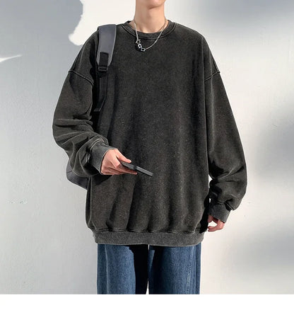 New Autumn Round Neck Washed  Men's Hoodie Sweatshirt  Couple Long Sleeve Loose Europe and America Street Boy Pullover Sweater