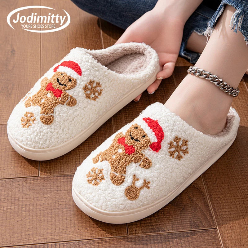 Christmas Elk Cotton Slippers For Women Men Winter Cute Cartoon Slippers Indoor Non Slip Couple Floor Slides Home Plush Shoes