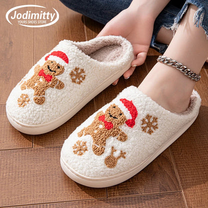 Christmas Elk Cotton Slippers For Women Men Winter Cute Cartoon Slippers Indoor Non Slip Couple Floor Slides Home Plush Shoes