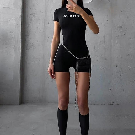 Nibber Peach Hip Letter Print Fashion Romper Women Body-Shaping Skinny o-Neck Mini Sleeve Tight Casual Simple Workout Playsuits