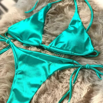 Halter Brazilian Metallic Satin Bikini Women Swimwear Female Swimsuit Two-pieces Bikini Set High Cut Bathing Suit Swim Beachwear