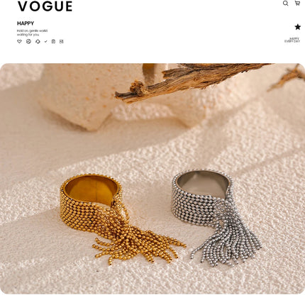 Yhpup Statement Stainless Steel Chain Tassel Finger Ring Adjustable 18K PVD Plated High Quality Charm Stylish Golden Jewelry