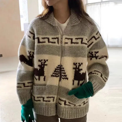 Chicautumn/winter Elegant Double-open Zipper Jacquard Knitted Cardigan Sweater For Women Korean Style Christmas Feeling