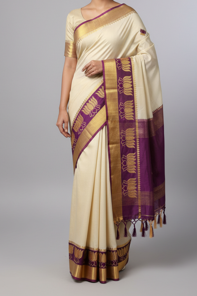 Golden Lotus Kerala Kasavu Saree – Royal Purple Edition
