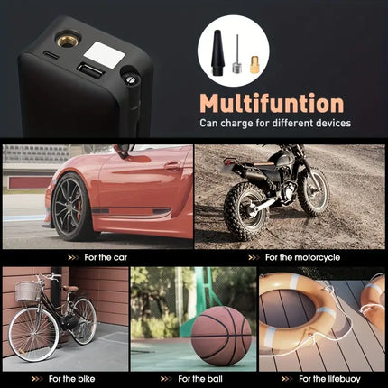 Portable Tire Inflator for Cars, Motorcycles & Bicycles – Compact Air Pump with Digital Display, Fast Inflation & Rear Storage Case
