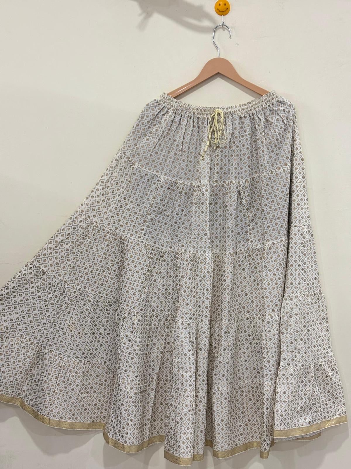 Blackfever Off-White Gold Printed Tiered Cotton Maxi Skirt – Free Size