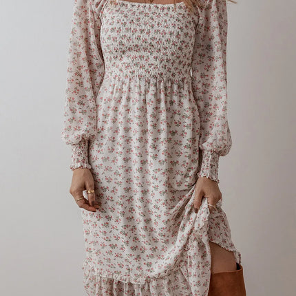 Smocked Floral Square Neck Long Sleeve Midi Dress