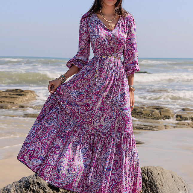 Printed Tie Neck Balloon Sleeve Maxi Dress