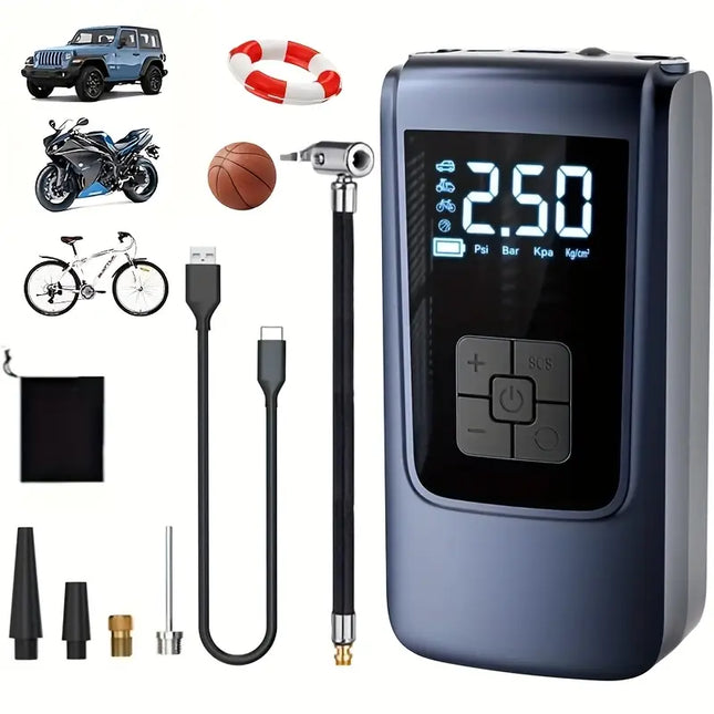 Portable Car Tire Inflator Pump with LED Light – USB Rechargeable Digital Air Compressor, 18650 Lithium Battery Powered, Compact Electric Pump for Cars, Motorcycles, Bicycles & Sports Balls | Modern Car Accessory with Digital Display