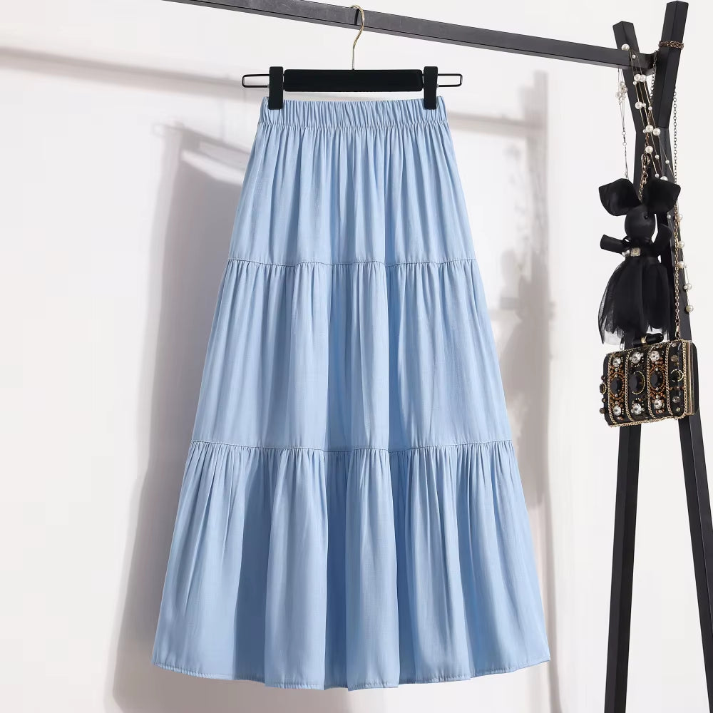 Women'S Patchwork Denim Color Spliced A-Line Skirt Tencel Big Swing Long Thin Skirt