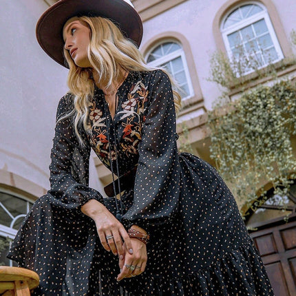 Embroidered Polka Dot Tie Neck Long Sleeve Midi Dress