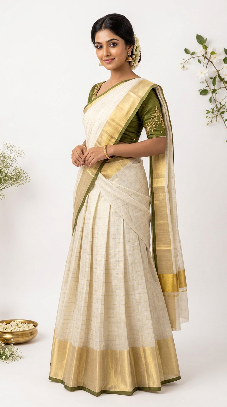 Elegant Kerala Tissue Silk Half Saree Set – Ivory Cream & Olive Green | Traditional South Indian Festive Wear | Onam, Wedding & Party Outfit